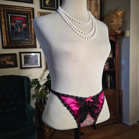 Vintage Y2K Hot Pink Black Lace Bow Thong Panty Lingerie One Size - Picture 3 of 7